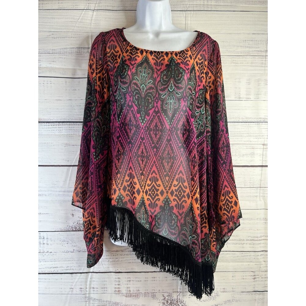 Ivy Jane Size S Boho Festival Fringe Kimono Bell Sleeve Asymetrical Sheer Blouse